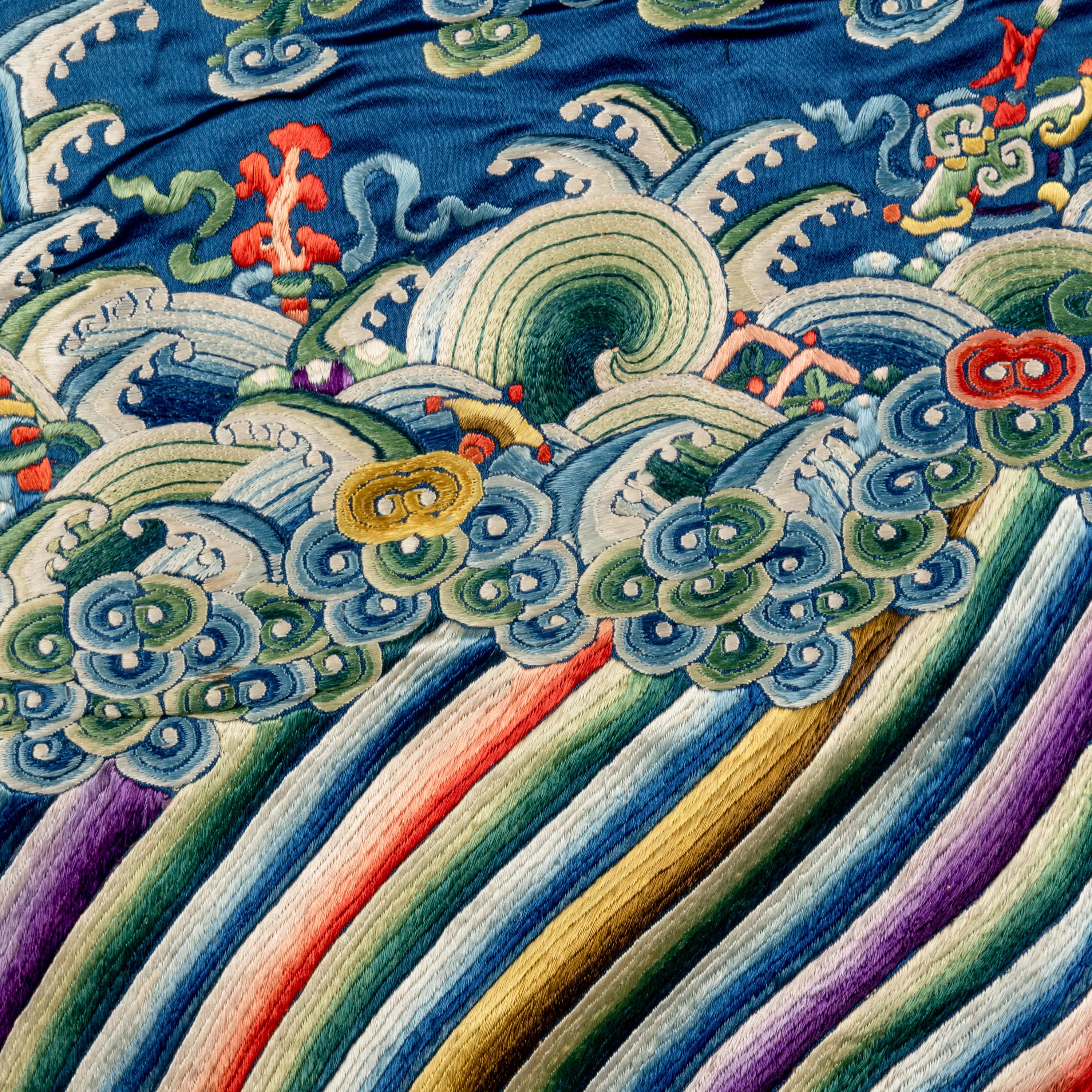 A Chinese Blue Ground Embroidered Silk 'Dragon' Robe, Jifu , 19th Century 清晚期 藍緞地綉云龍紋吉服