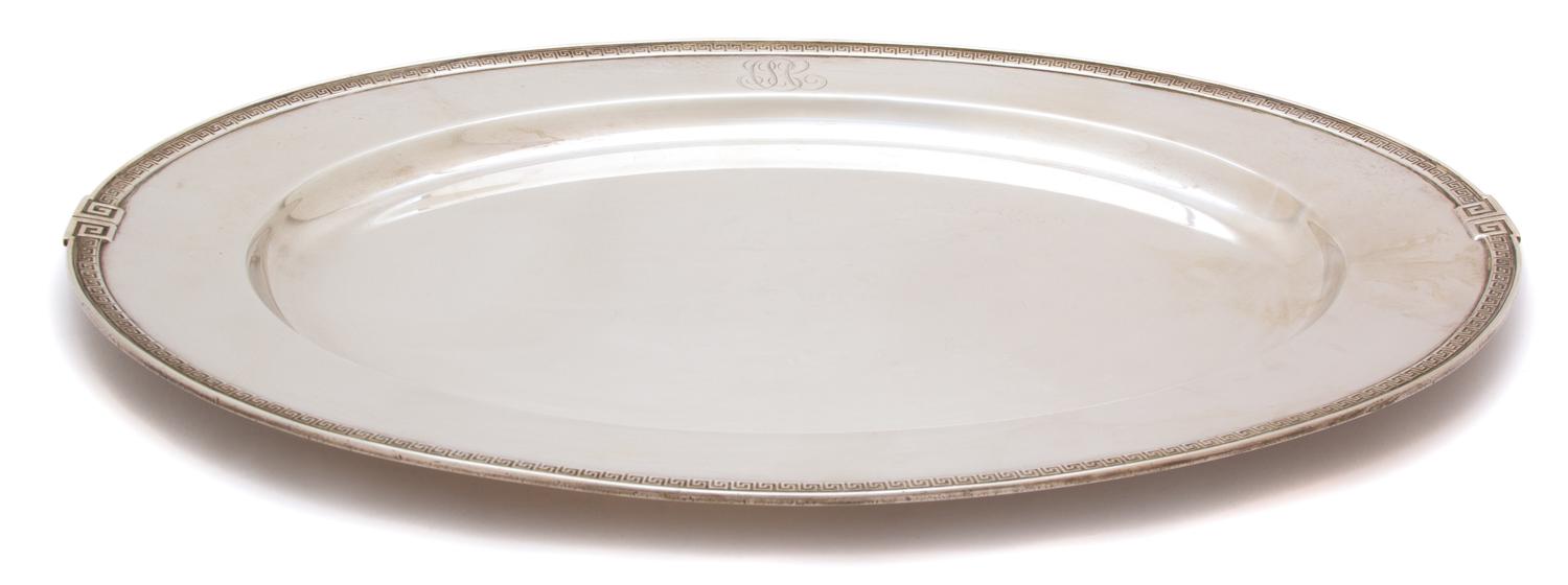 An American Silver Oval Tray, Gorham, Providence, RI, 20th Century, having a Greek Key border design