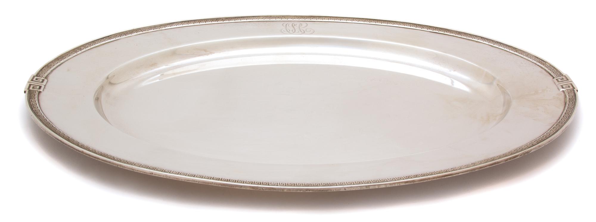 An American Silver Oval Tray, Gorham, Providence, RI, 20th Century, having a Greek Key border design