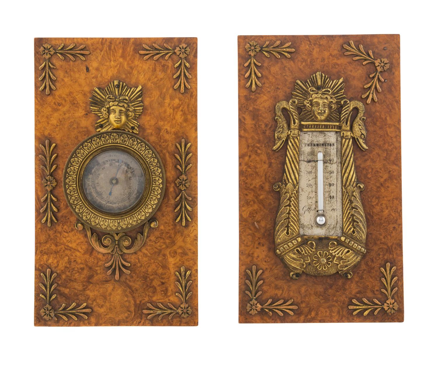 An Empire Gilt Bronze and Burlwood Desk Thermometer and Barometer Set