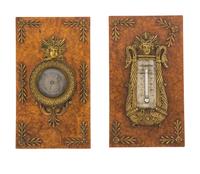 An Empire Gilt Bronze and Burlwood Desk Thermometer and Barometer Set