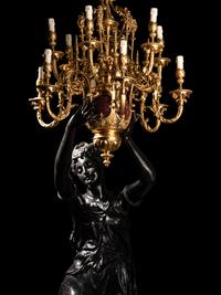 A Pair of Monumental Gilt and Patinated Bronze and Rouge Marble Figural Torchères