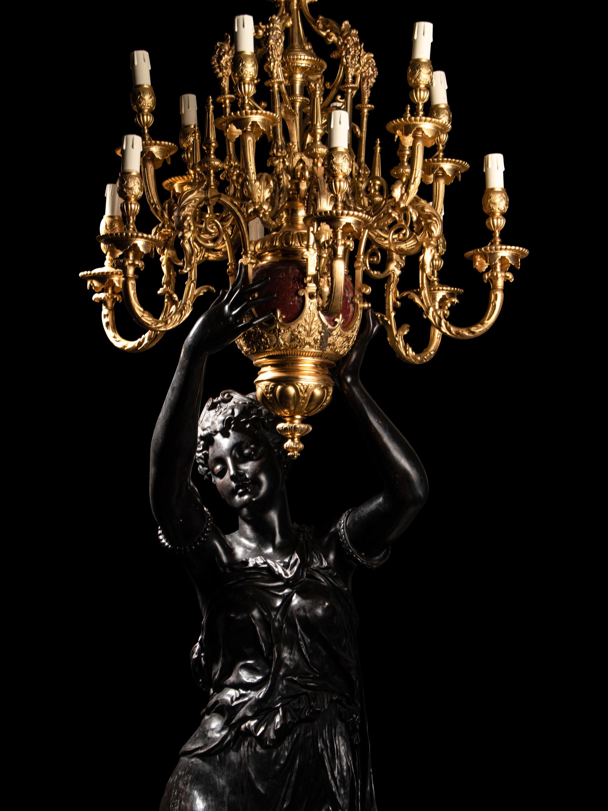 A Pair of Monumental Gilt and Patinated Bronze and Rouge Marble Figural Torchères