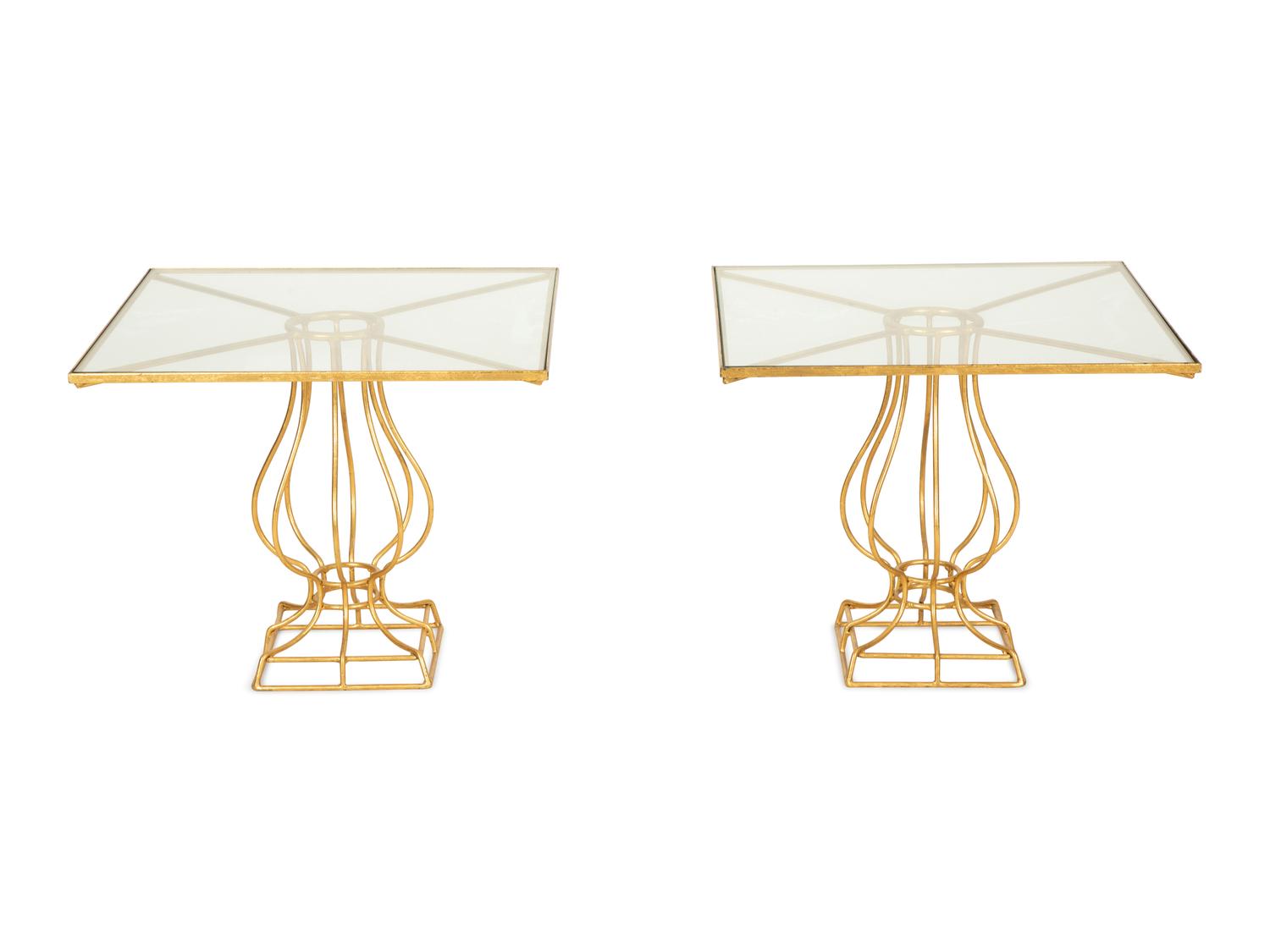 A Pair of Gilt Metal Urn Design Glass Top Low Tables