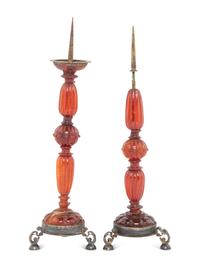 A Matched Pair of German Carved Amber-Mounted Pricket Sticks