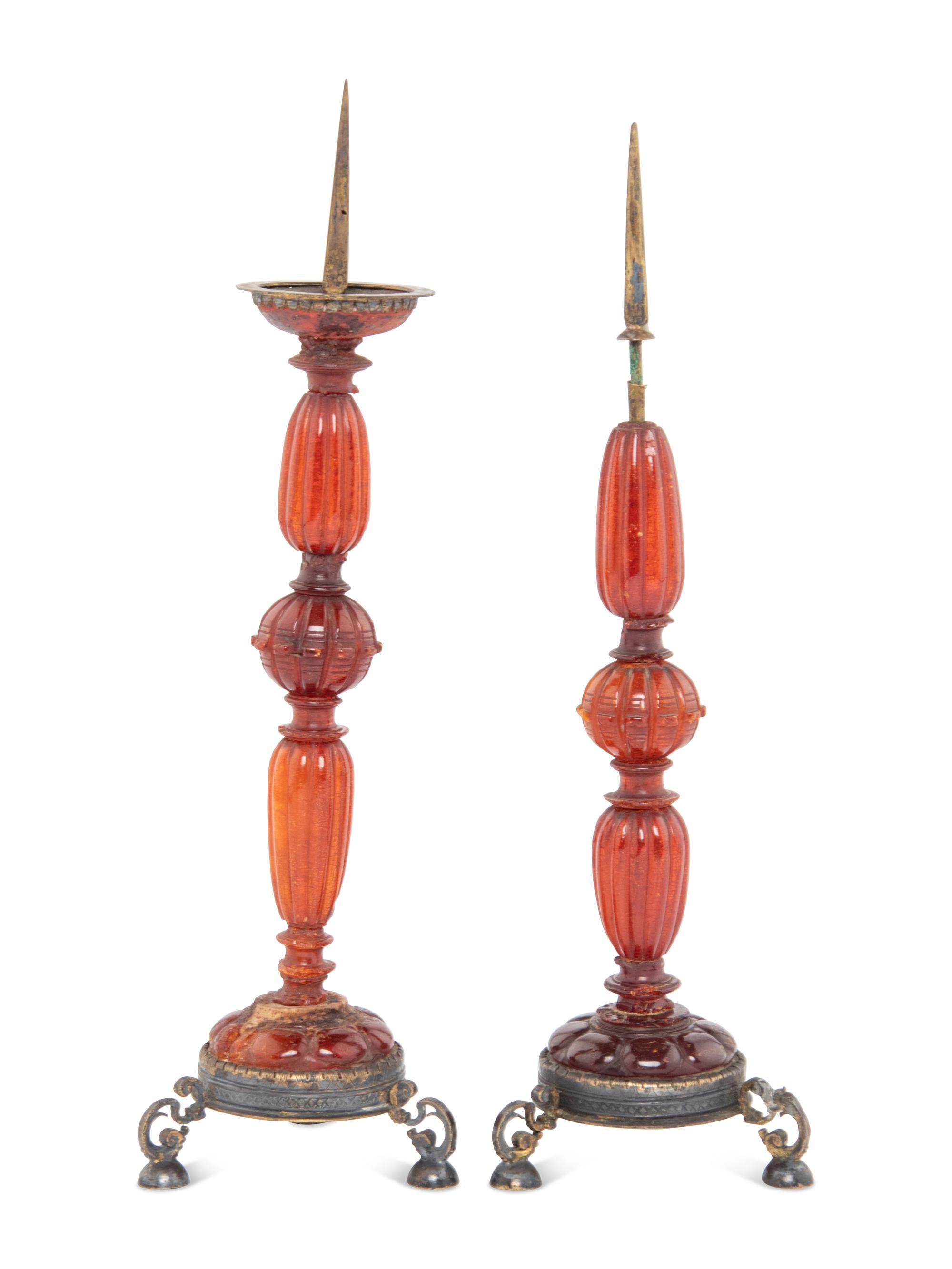 A Matched Pair of German Carved Amber-Mounted Pricket Sticks