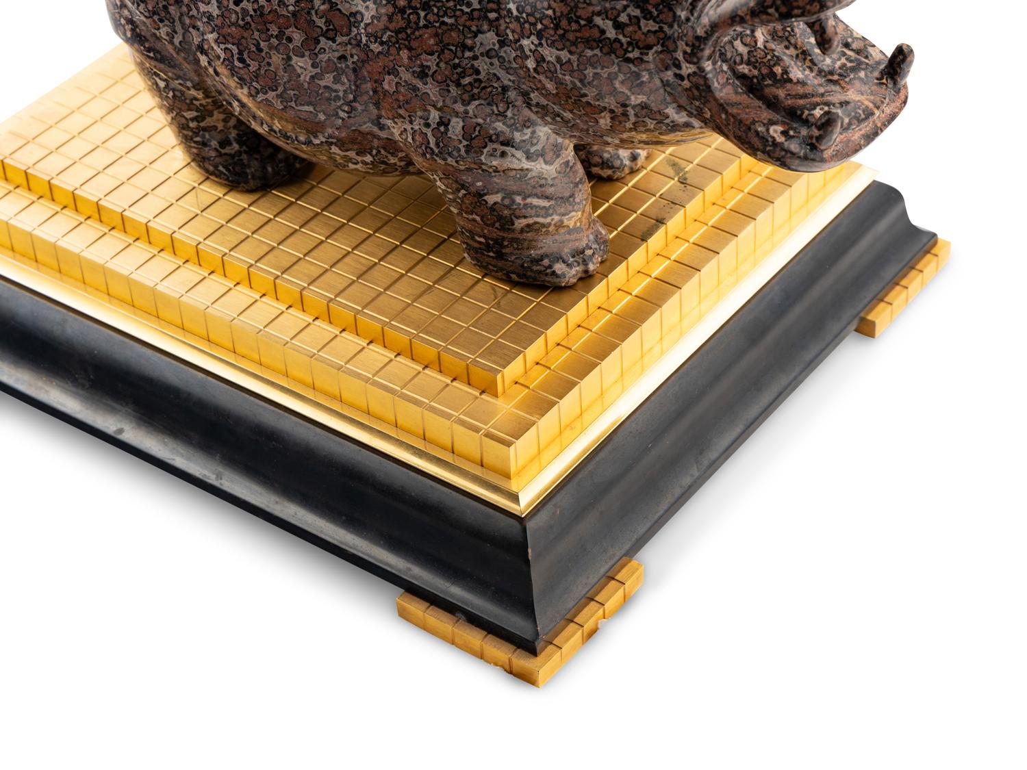 An Ormolu, Pink Quartz, Glass, Hardstone and Black Marble Hippopotamus Obelisk