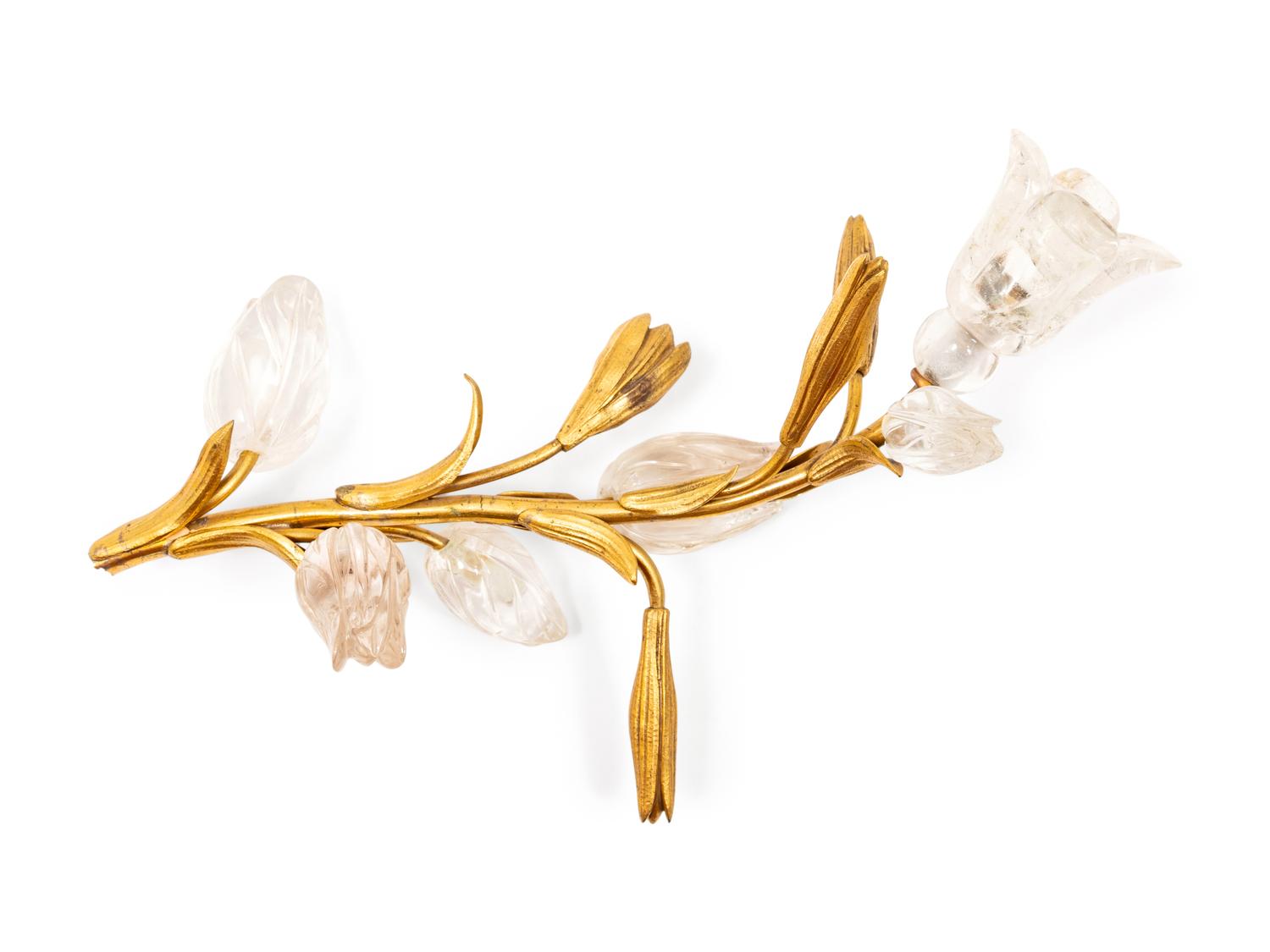 A Pair of Rock Crystal and Gilt Metal Three Light Candelabra
