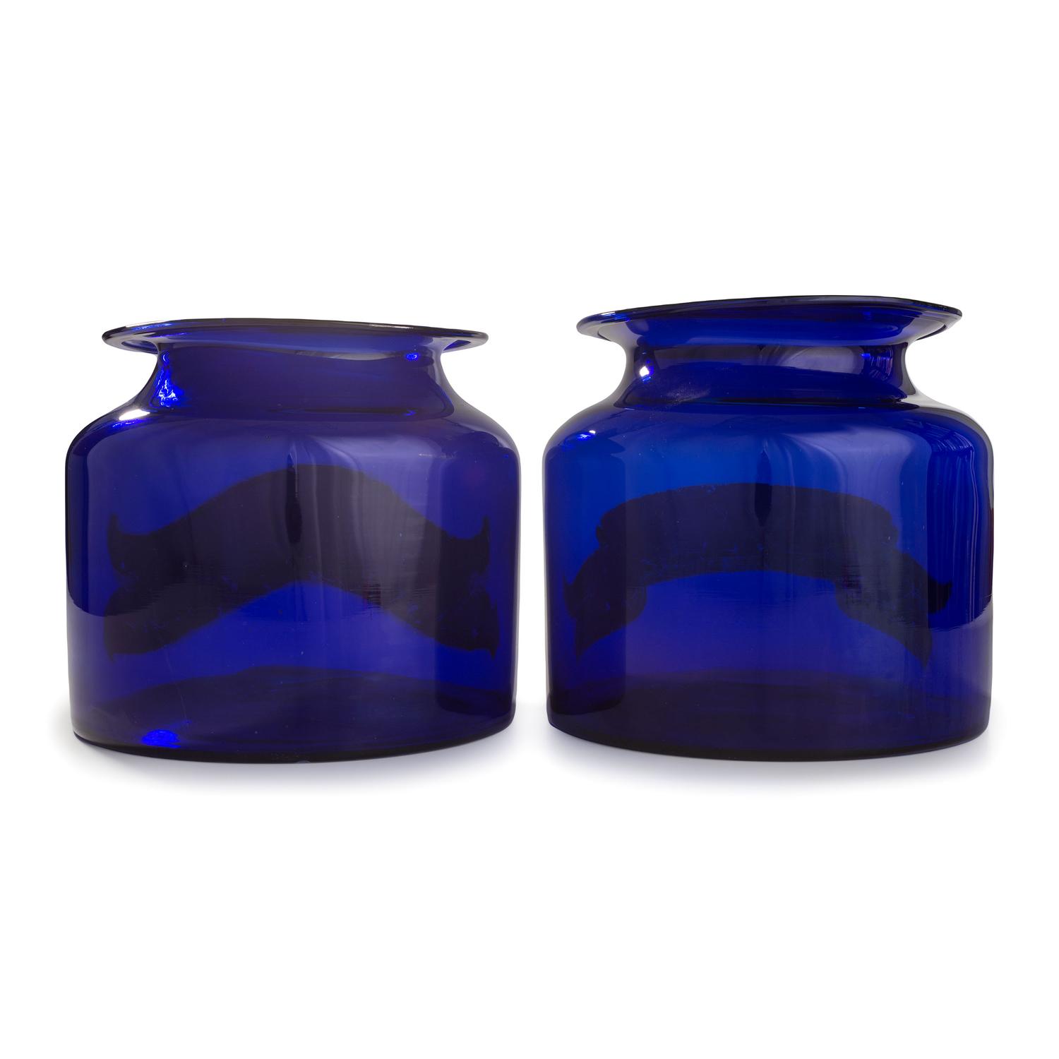 Two Painted Blue Glass Apothecary Jars for Cocaine and Opium