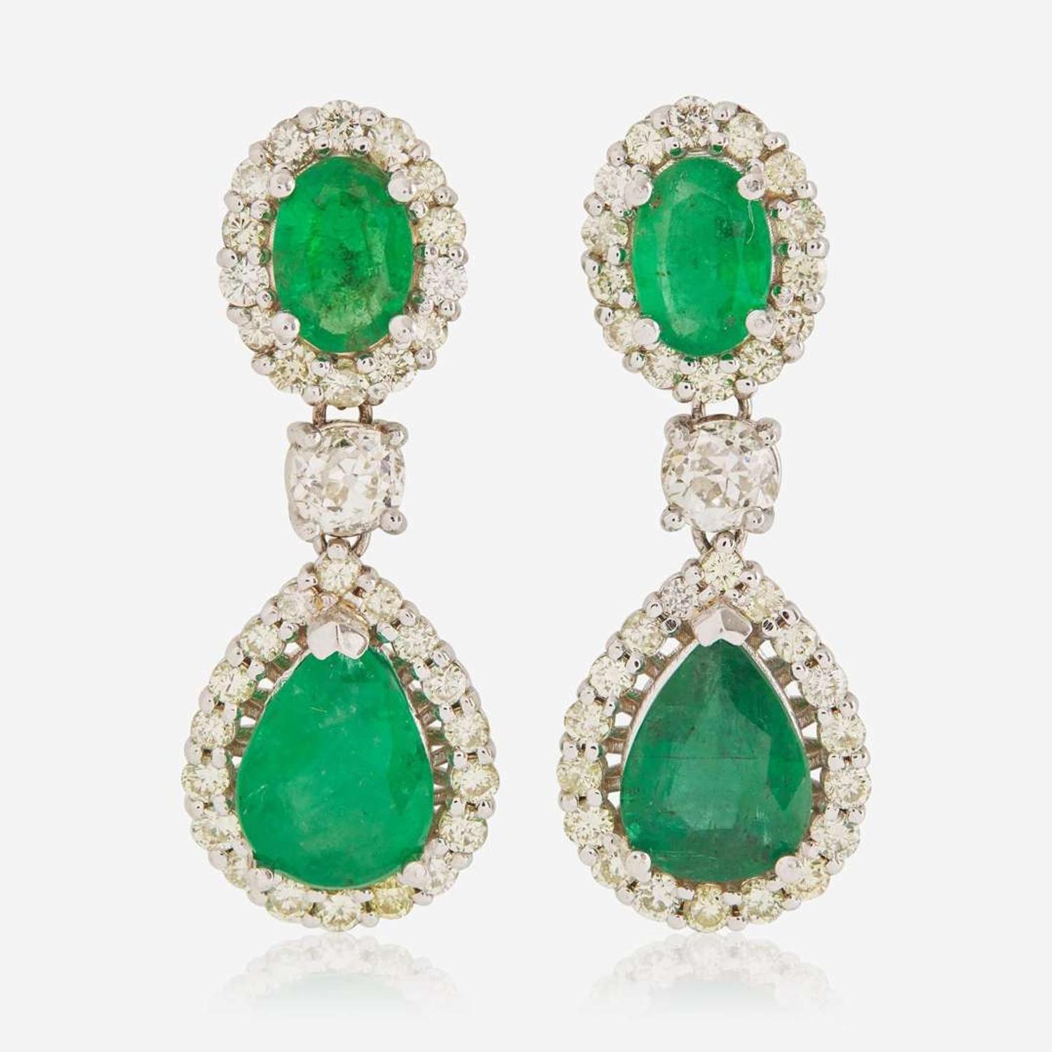 A Pair of 18K White Gold, Diamond, and Emerald Earrings