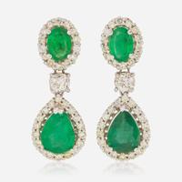A Pair of 18K White Gold, Diamond, and Emerald Earrings