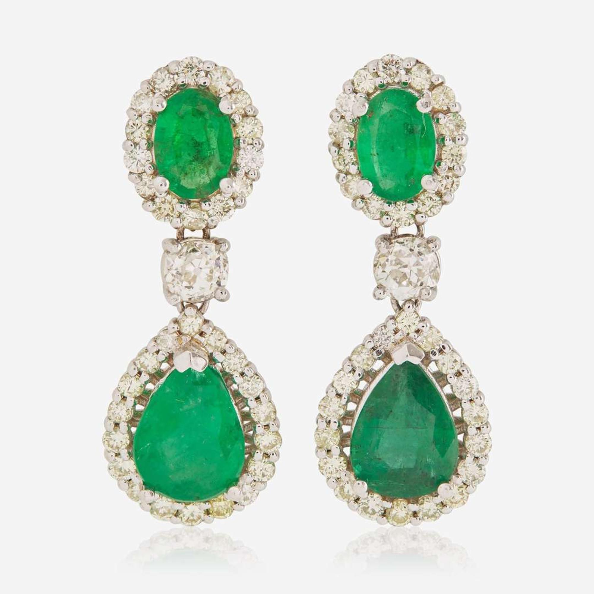A Pair of 18K White Gold, Diamond, and Emerald Earrings
