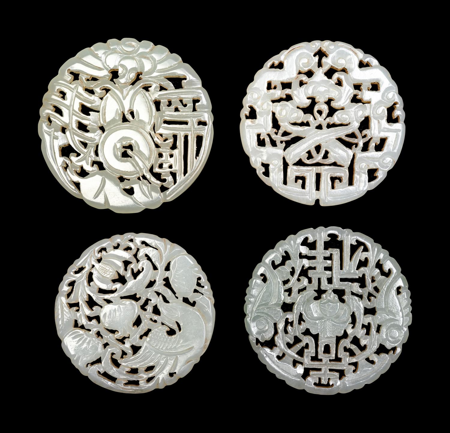 Four Chinese Celadon Jade Reticulated Plaques
