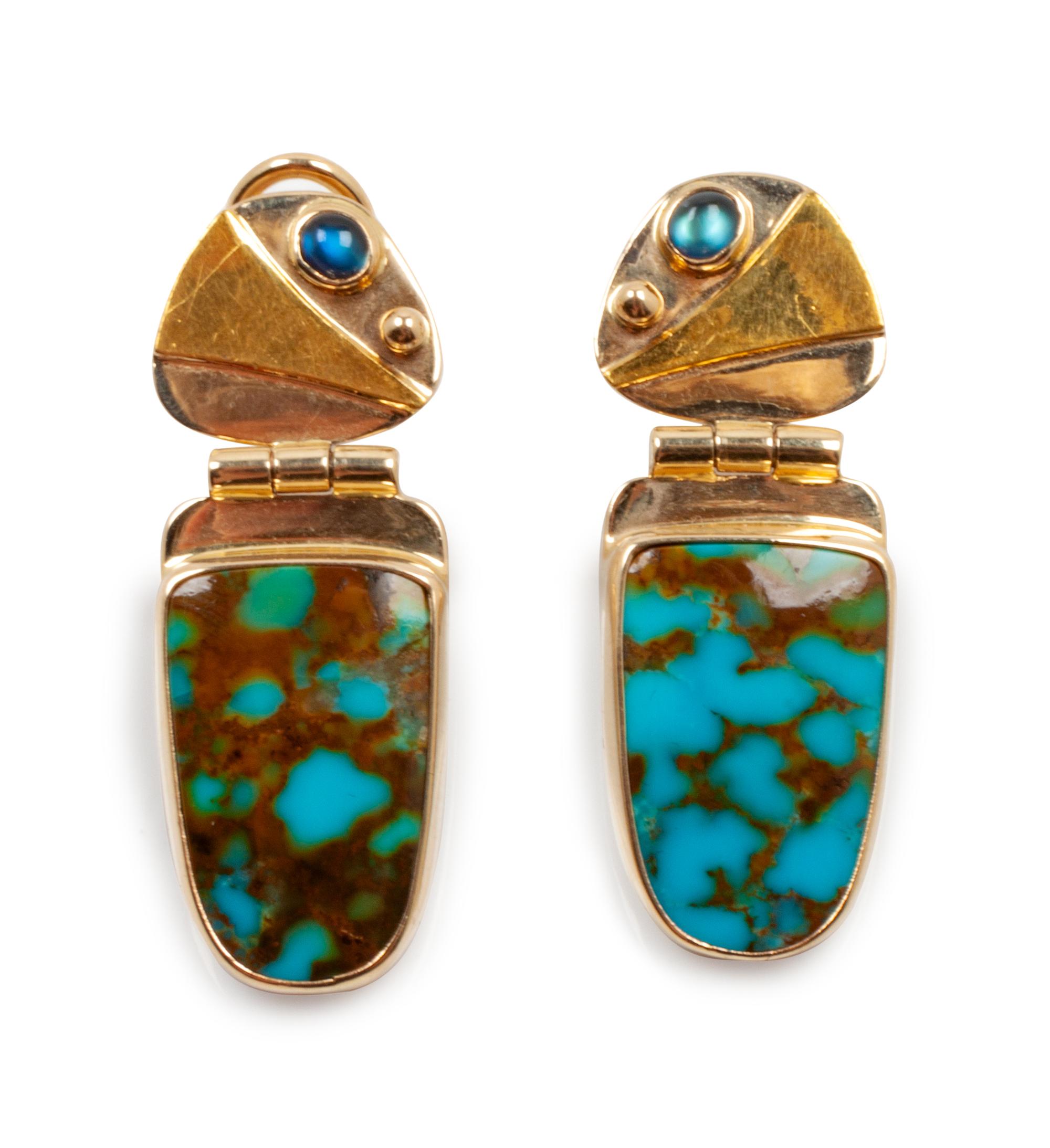 14k Gold Earclips with Turquoise and Sapphire