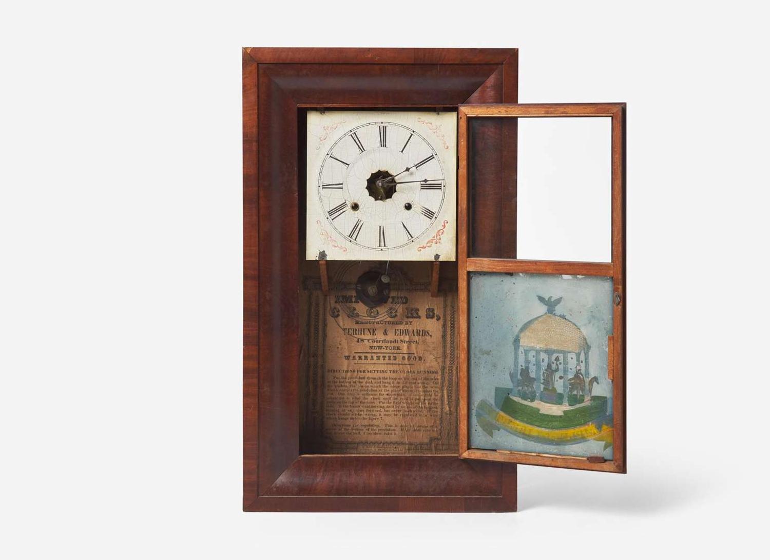 A rare Classical mahogany "Temple of Liberty" mantel clock, bears printed paper label of Terhune & Edwards, New York, circa 1834