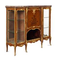 A Louis XV Style Gilt Bronze Mounted Kingwood and Marquetry Marble-Top Vitrine