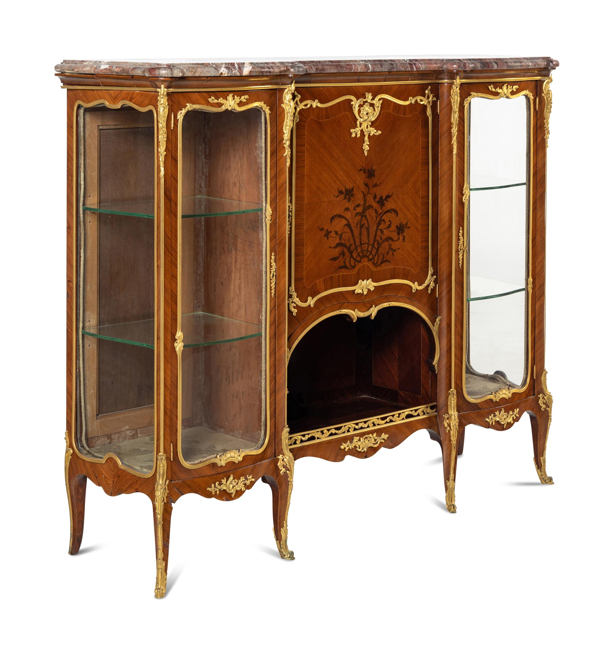 A Louis XV Style Gilt Bronze Mounted Kingwood and Marquetry Marble-Top Vitrine