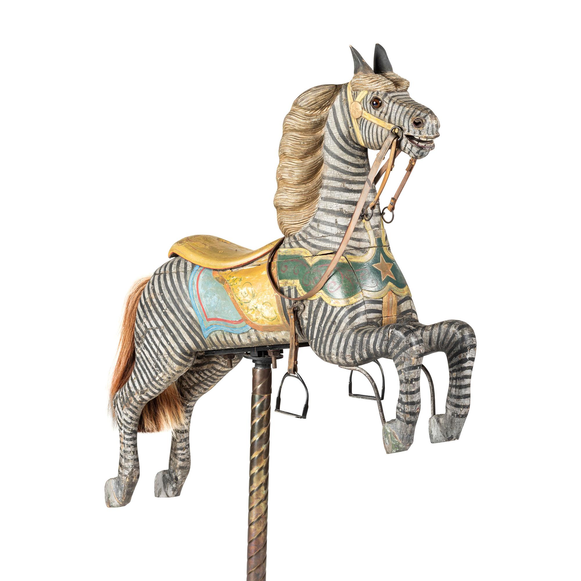 A Glass Inset Carved, Parcel-Gilt and Painted Wood Zebra Carousel Figure