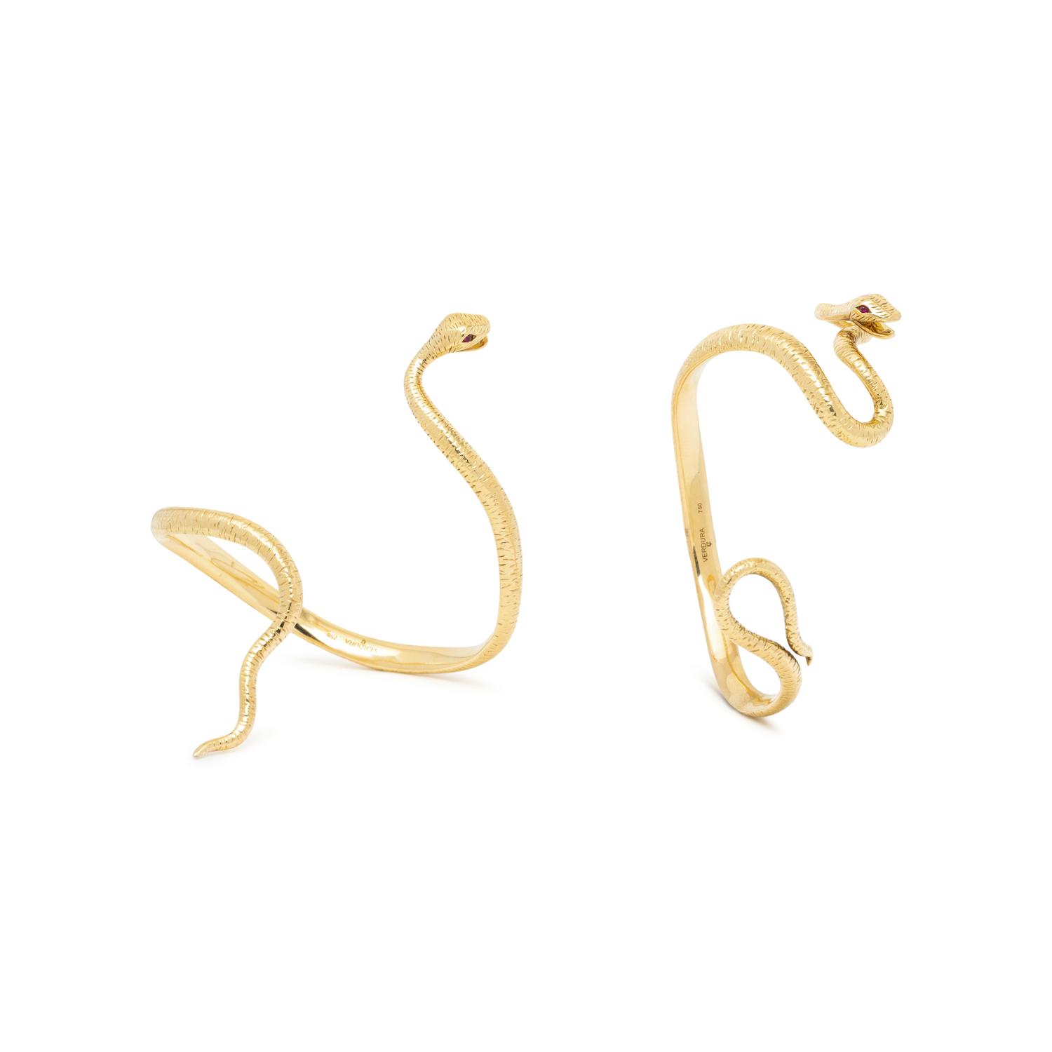 VERDURA, PAIR OF YELLOW GOLD AND RUBY 'MEDUSA' SERPENT CUFF BRACELETS