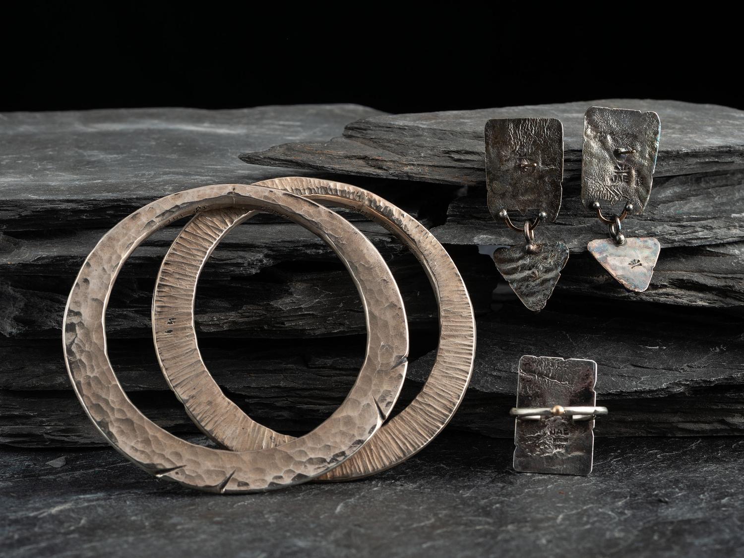 Sterling Silver Bangle Bracelets, Ring, and Earrings with 14K Gold Accents
