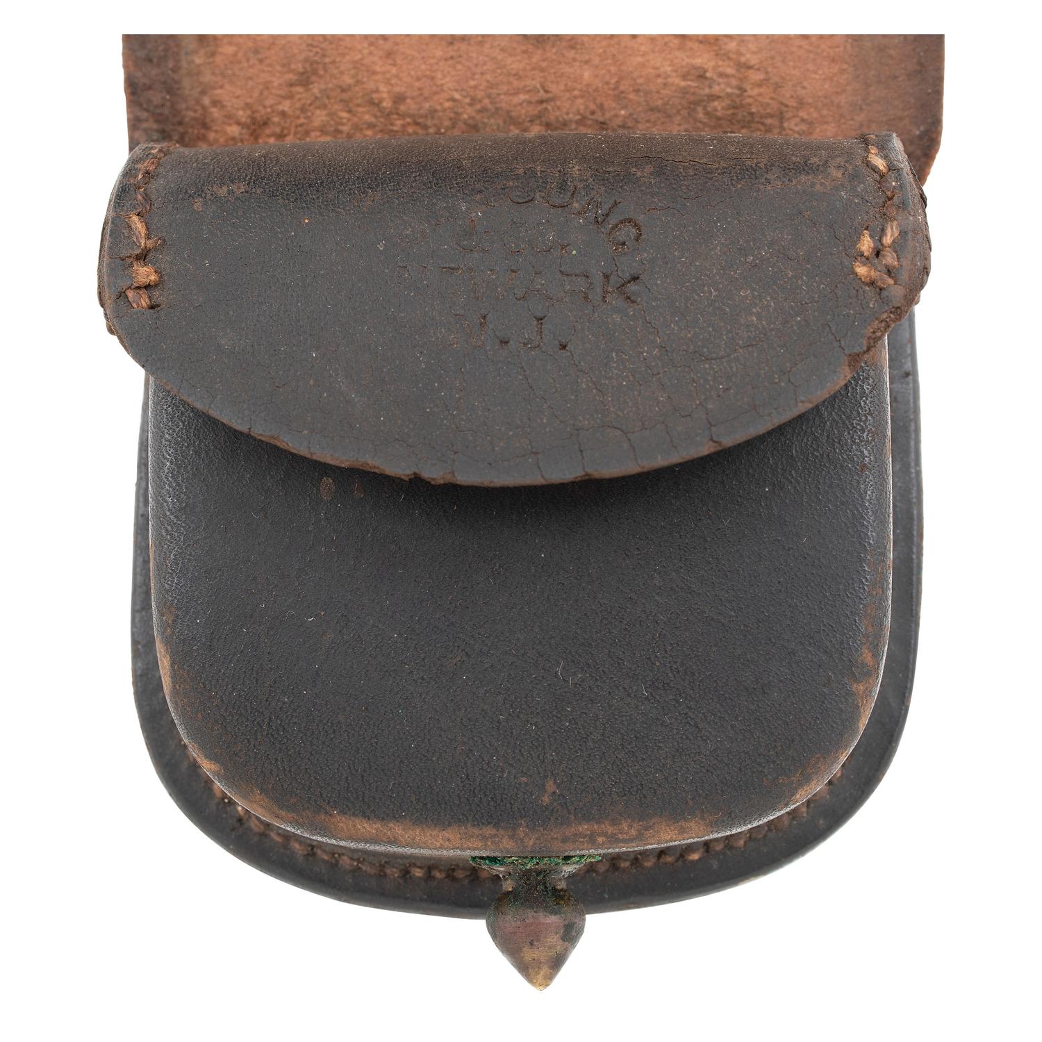 Group of US Civil War Accoutrements: Carbine Cartridge Box, 2 Cap Pouches and 2 Carbine Sockets