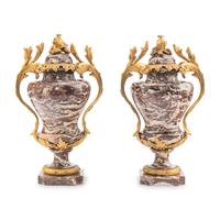 A Pair of French Gilt Bronze Mounted Marble Urns