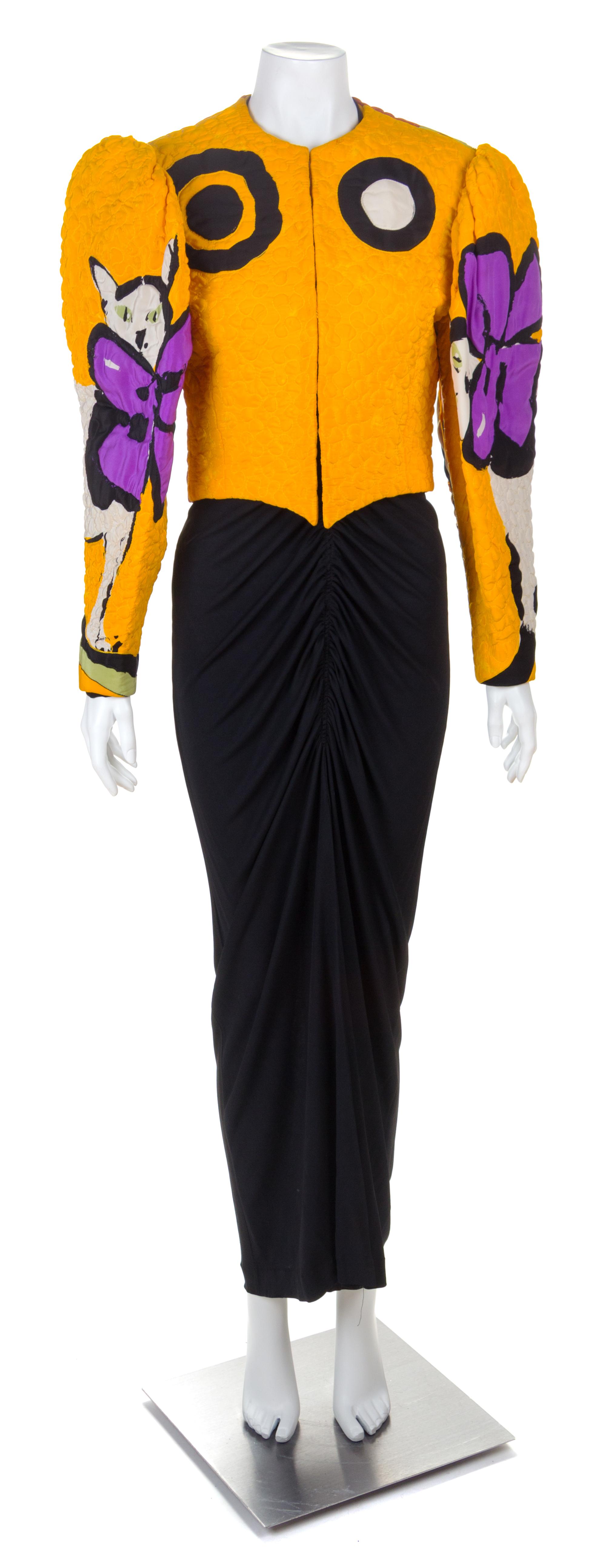 A Michaele Vollbracht Yellow Quilted Cat Jacket and Black Gown, Jacket size 10; Dress no size.