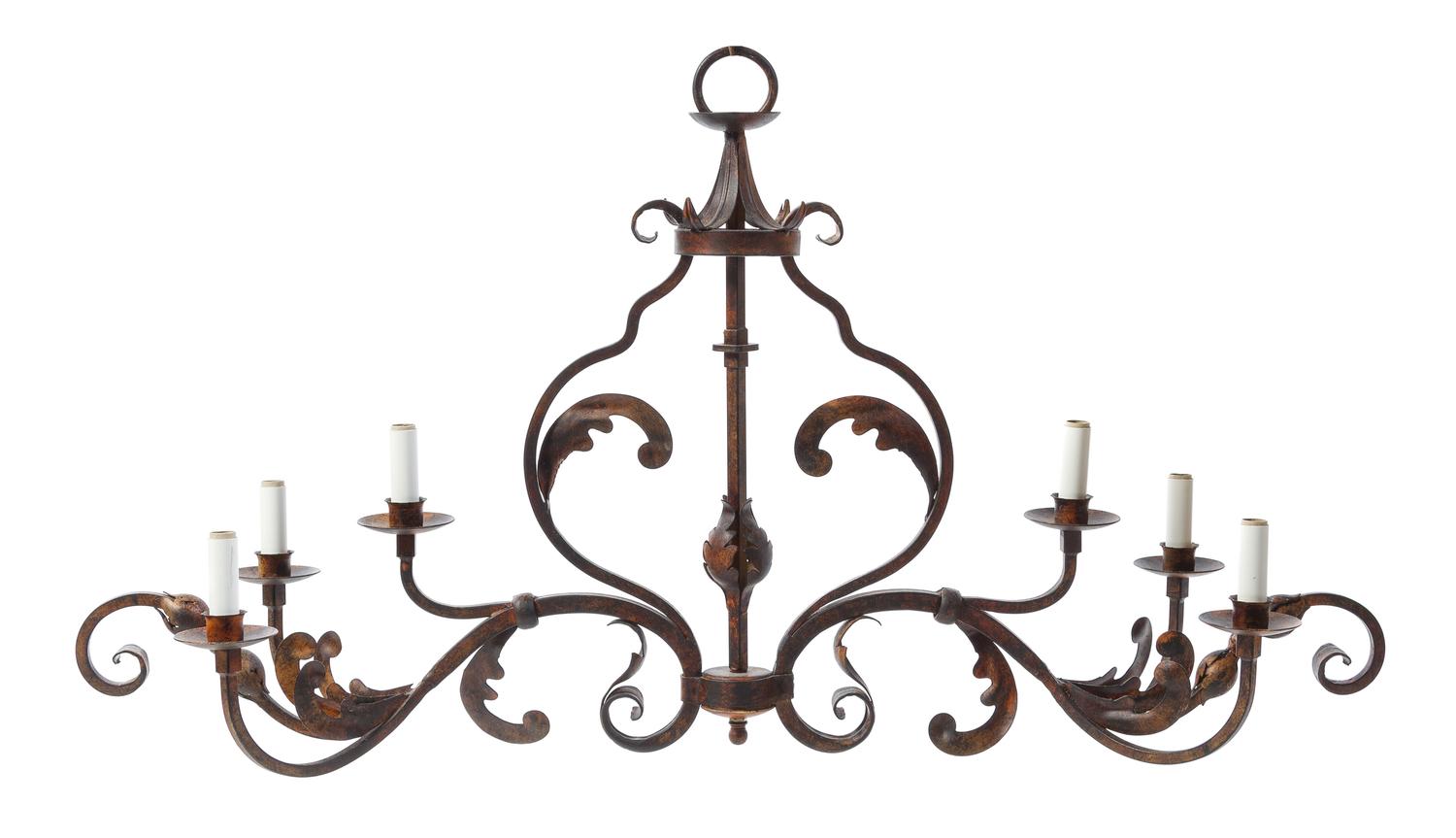 A Baroque Style Wrought Metal Six-Light Chandelier Width 41 inches. — STYLE OF ADDISON MIZNER