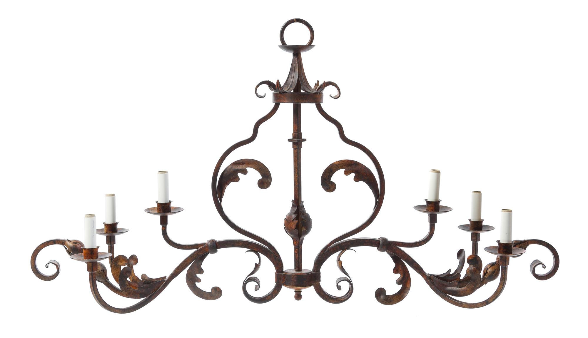 A Baroque Style Wrought Metal Six-Light Chandelier Width 41 inches. — STYLE OF ADDISON MIZNER