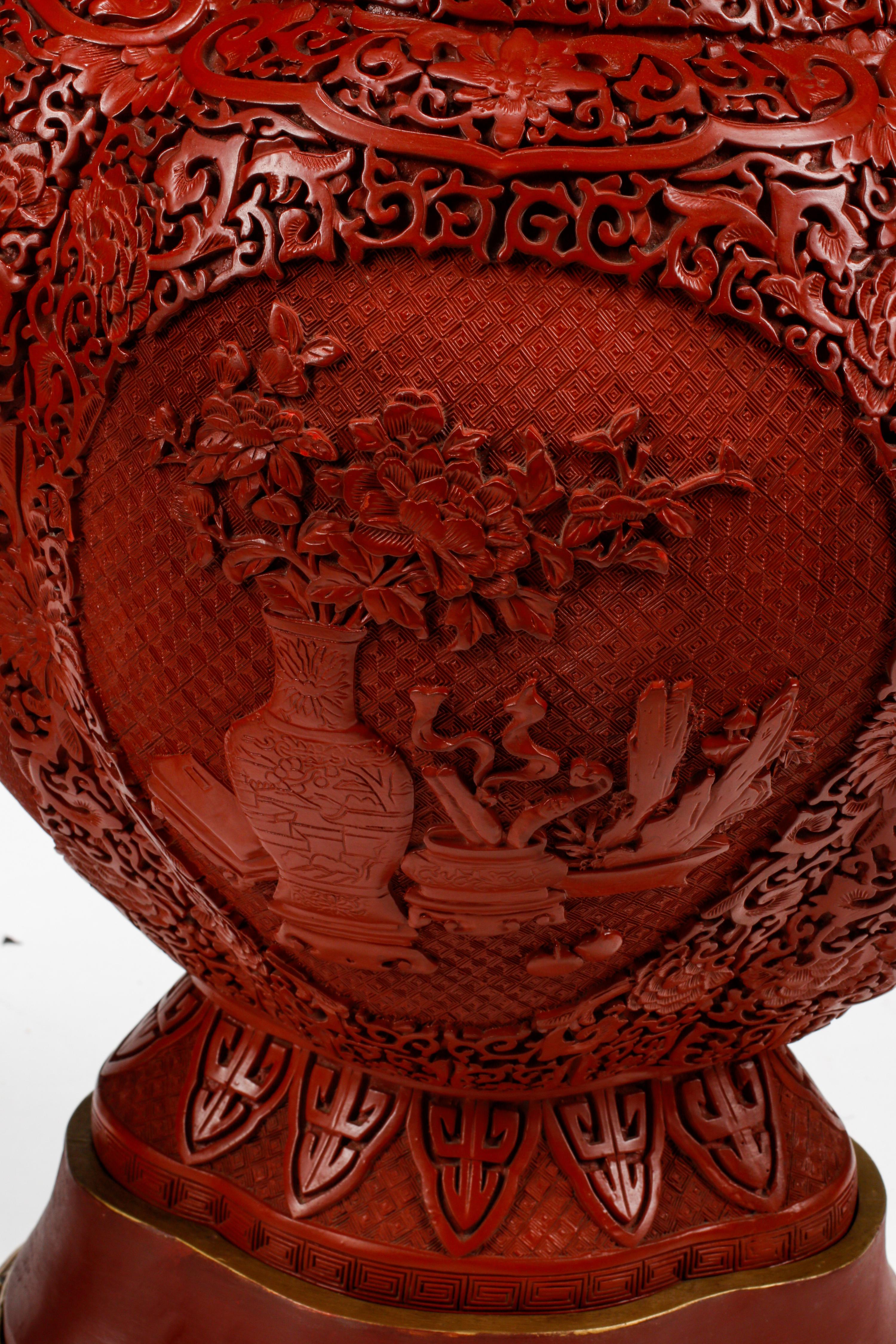 A Pair of Chinese Carved Red Lacquer Vases