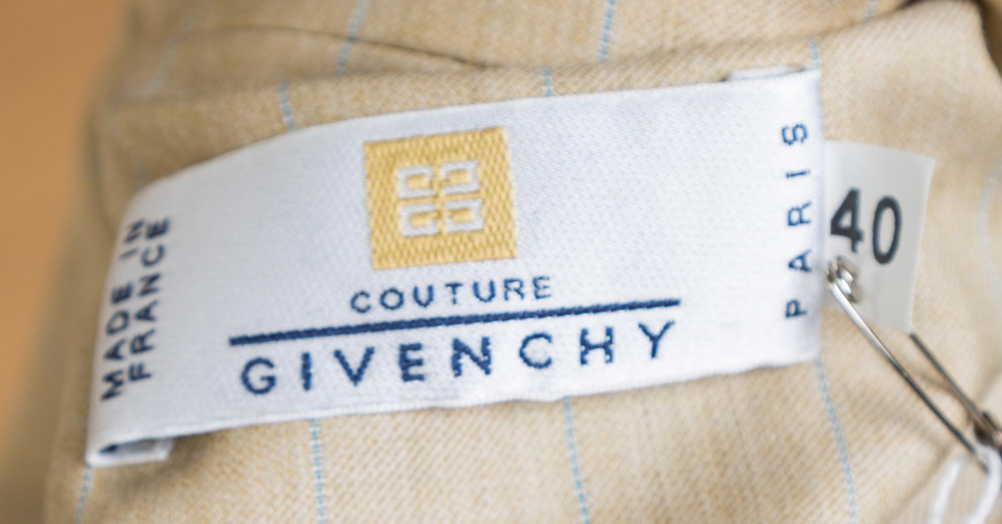 A Givenchy Tan Wool Pinstripe Pant Suit, Size 40.