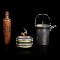 A Japanese mixed-metal vase, a small silver ewer, and a striped cloisonné box and cover Late Edo to Meiji/Taisho period