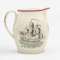 An enamel and transfer-decorated creamware jug Probably Liverpool, England, circa 1800