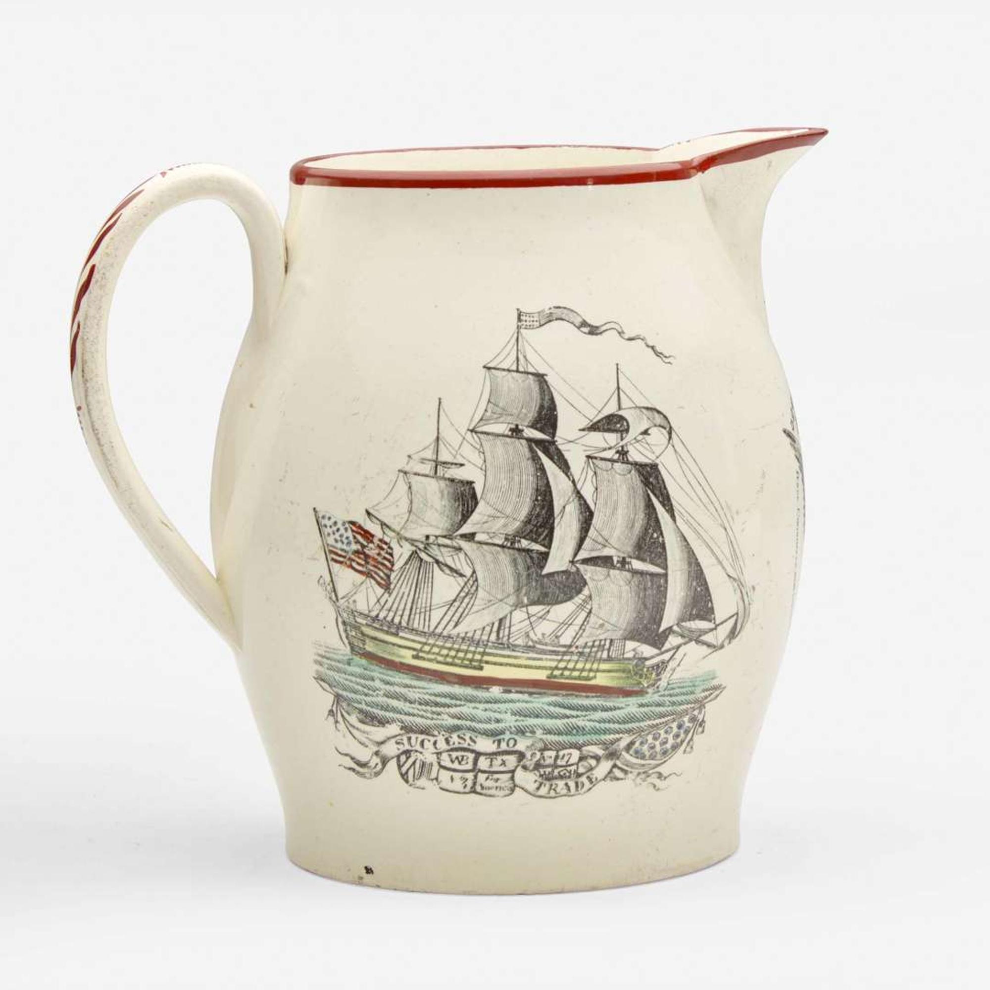 An enamel and transfer-decorated creamware jug Probably Liverpool, England, circa 1800