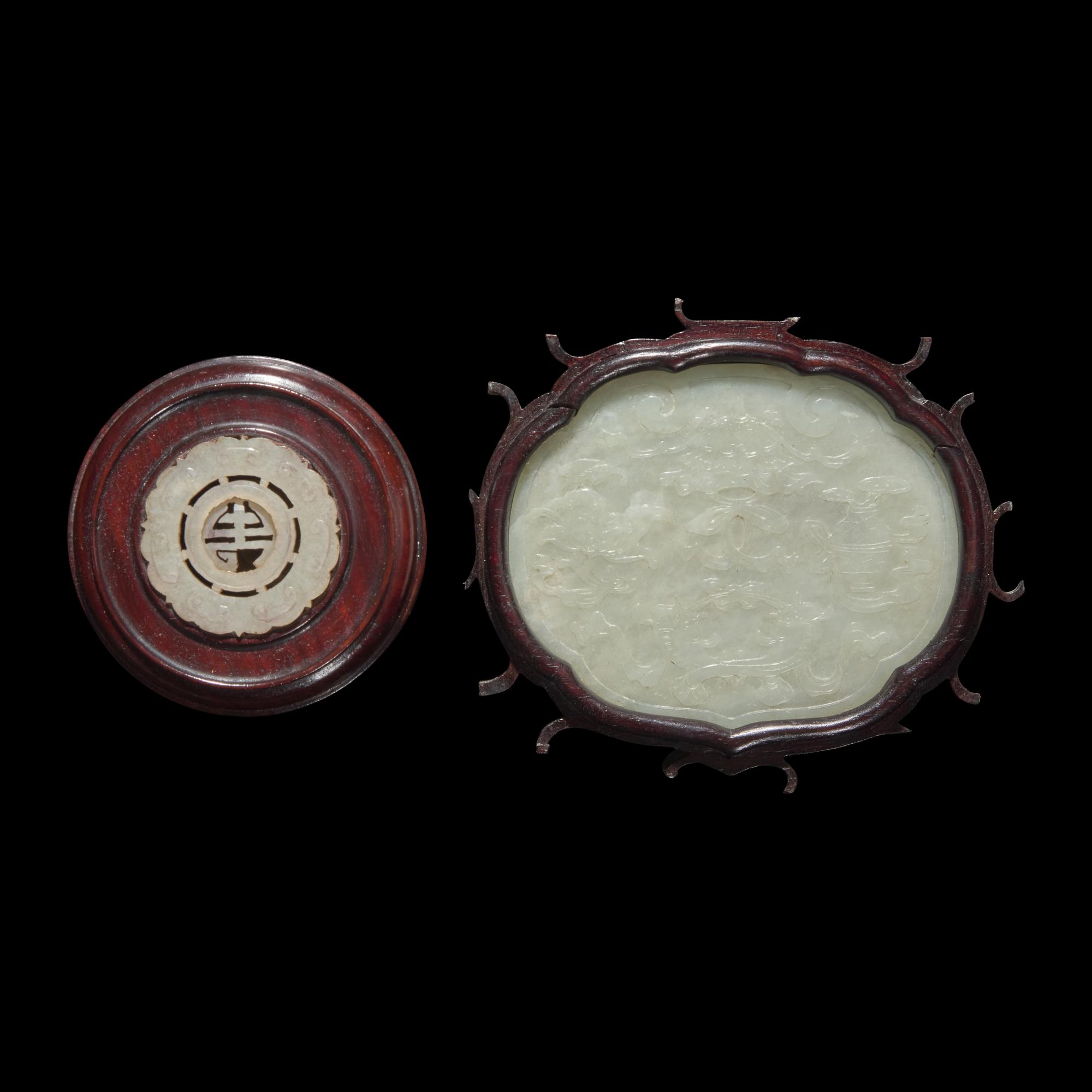 Seven Chinese Jade Inset Plaques and Boxes, Jade: 19th-Early 20th Century — 晚清-民國 掐絲琺琅、硬木嵌玉文房一組七件