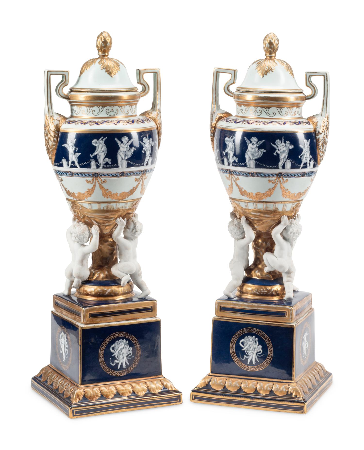 A Pair of Minton Style Pâte-sur-Pâte Porcelain Urns