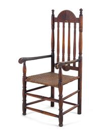 A William and Mary Style Parcel Gilt and Red Painted, Fan-Carved Bannister Back Woven Splint Seat Armchair