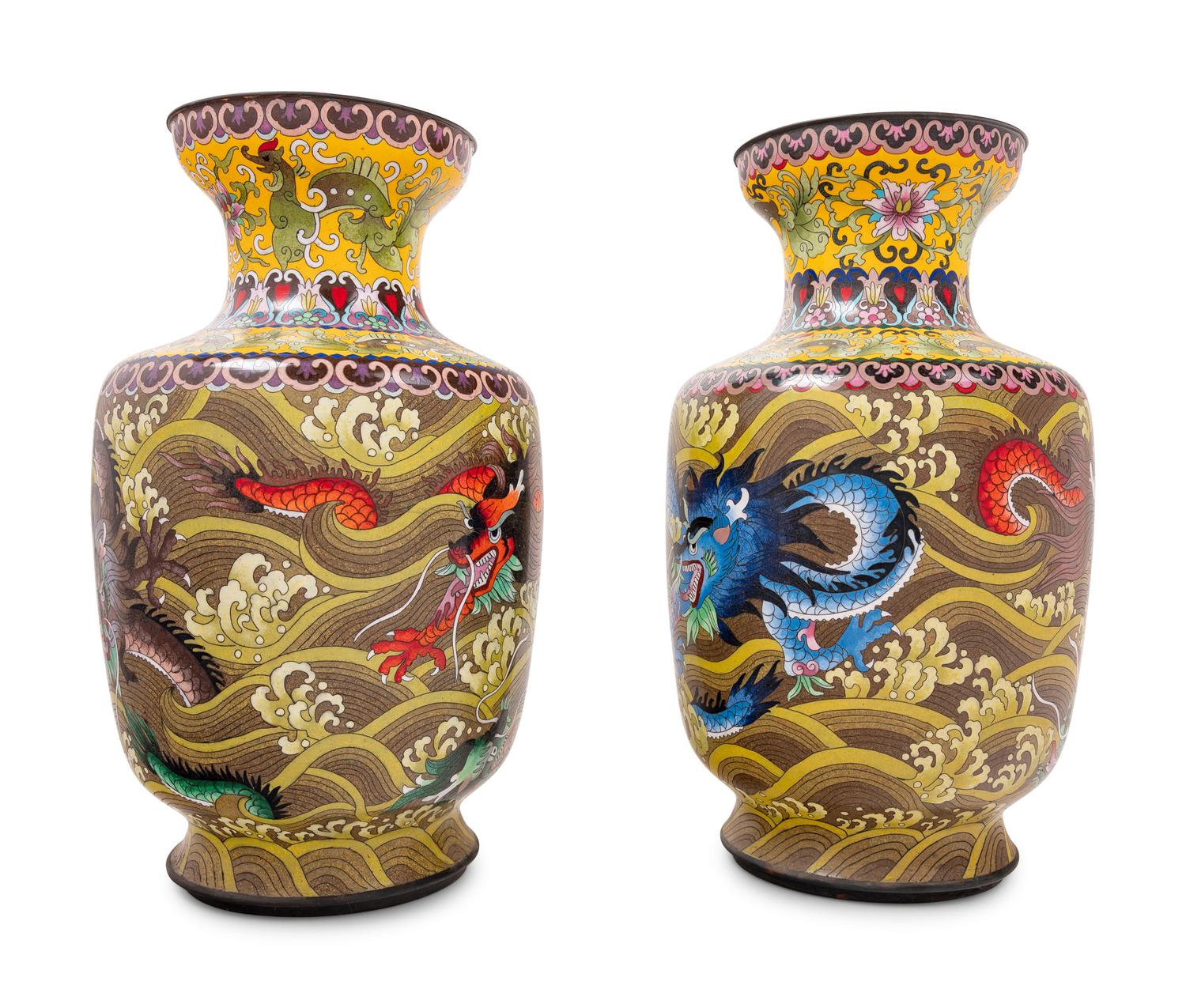 Seven Large Chinese Yellow Ground Cloisonné Enameled Vases