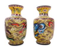Seven Large Chinese Yellow Ground Cloisonné Enameled Vases