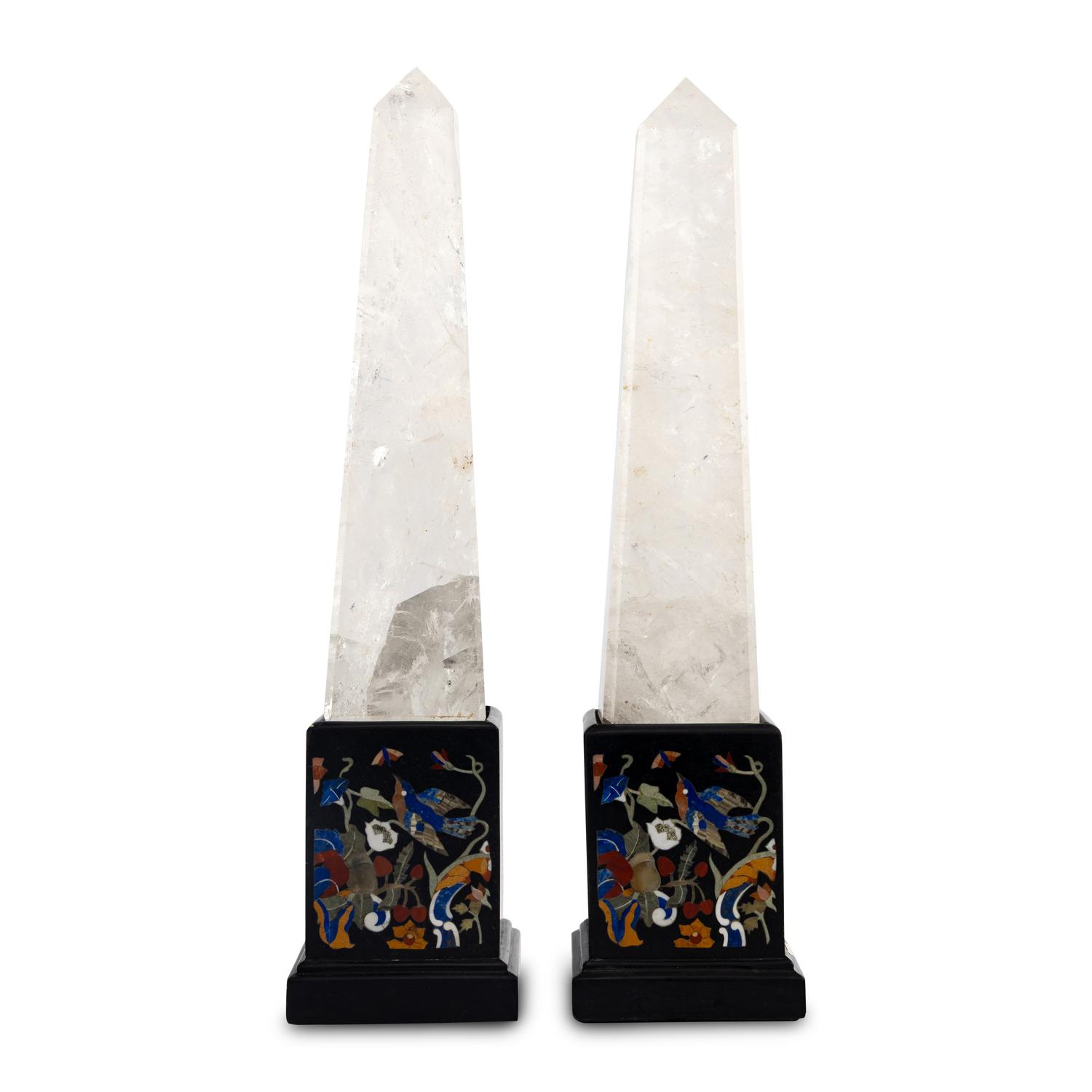 A Pair of Neoclassical Style Rock Crystal and Pietra Dura Obelisks