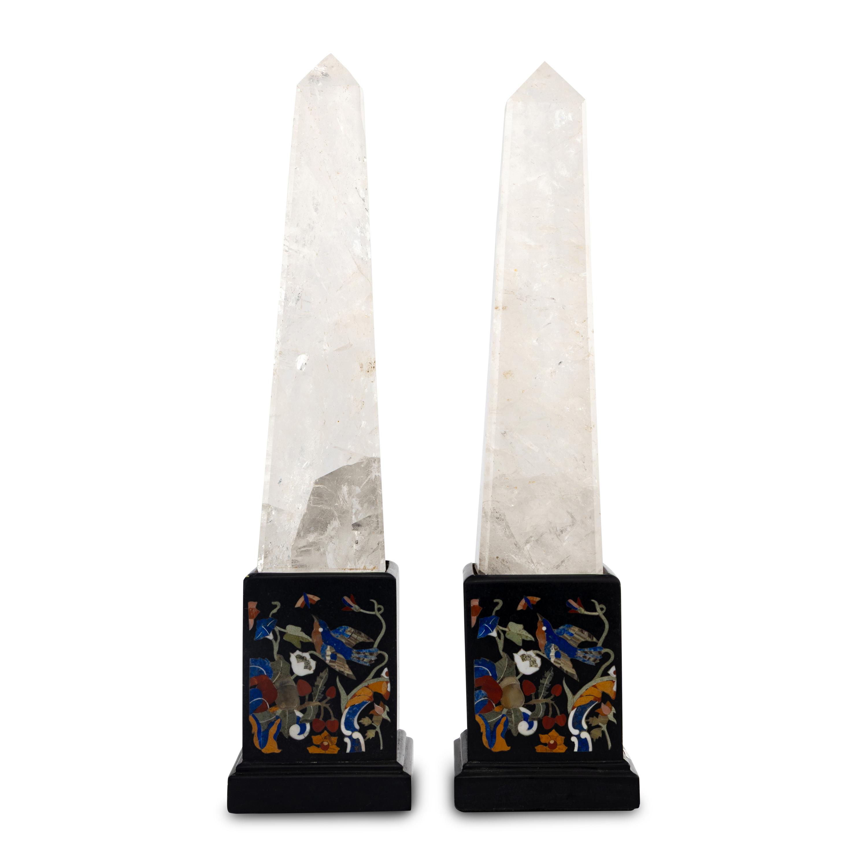 A Pair of Neoclassical Style Rock Crystal and Pietra Dura Obelisks