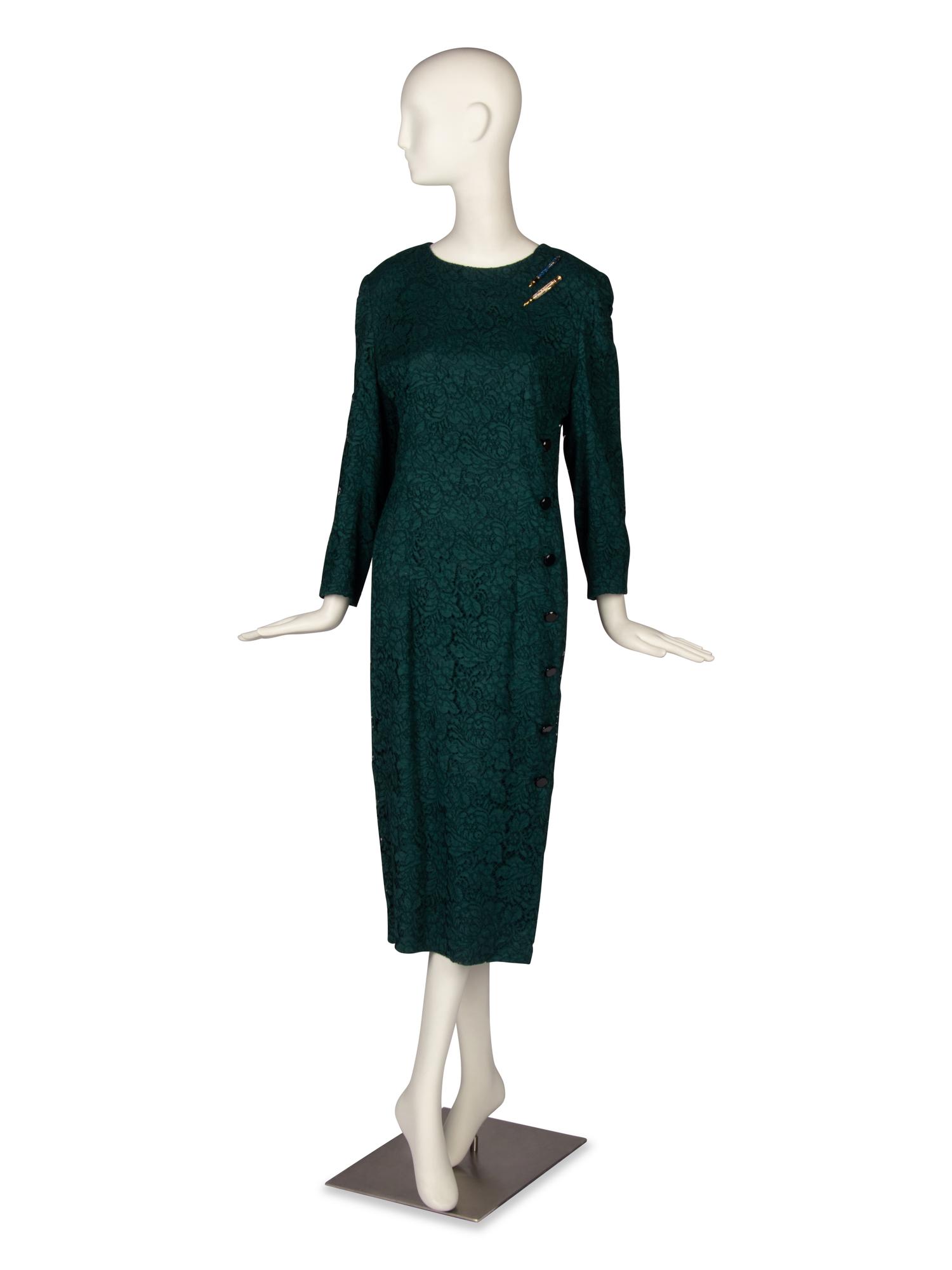 Rizik Brothers Green Lace Dress and Two Brooches