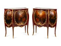 A Pair of Louis XV Style Gilt Bronze Mounted Mahogany and Vernis Martin Marble-Top Cabinets
