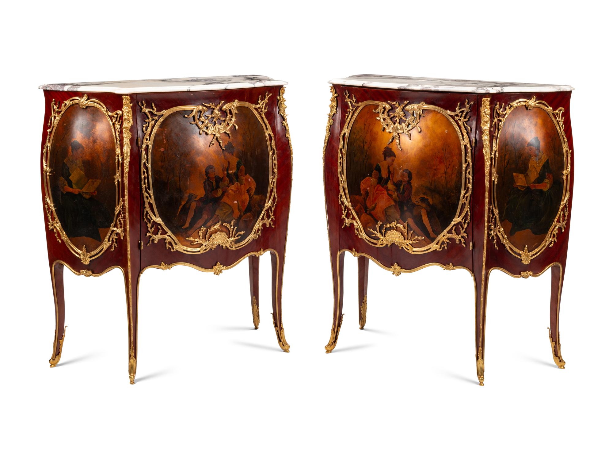 A Pair of Louis XV Style Gilt Bronze Mounted Mahogany and Vernis Martin Marble-Top Cabinets