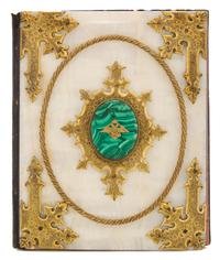 A Russian Onyx, Brass and Malachite Portfolio, Early 20th Century, of rectangular form, centered with an oval malachite mount bearing a