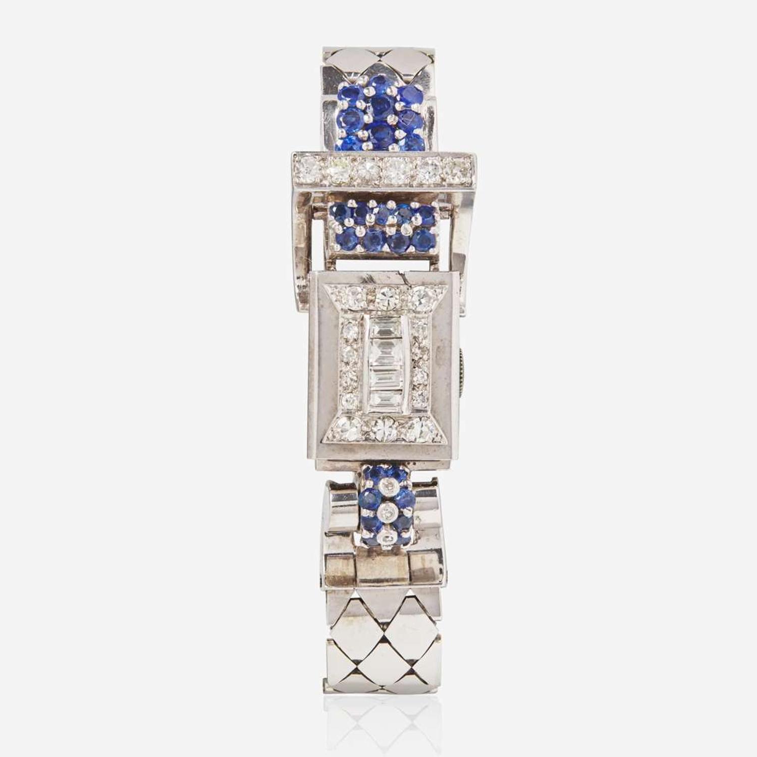 A Retro 14K White Gold, Diamond, and Sapphire Watch