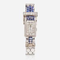 A Retro 14K White Gold, Diamond, and Sapphire Watch