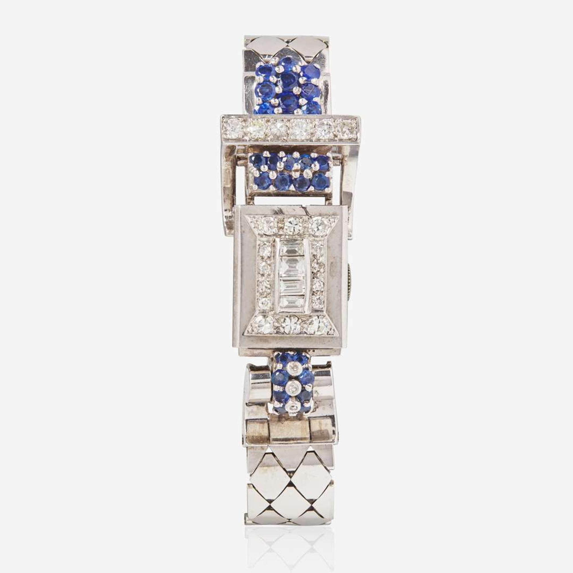 A Retro 14K White Gold, Diamond, and Sapphire Watch