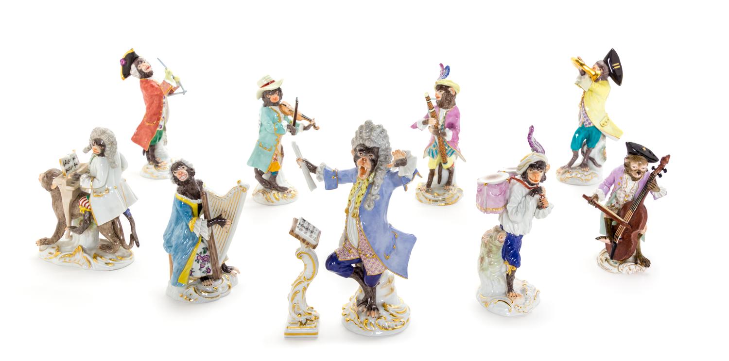 A Meissen Porcelain Ten-Piece Monkey Band Height of tallest 6 5/8 inches.