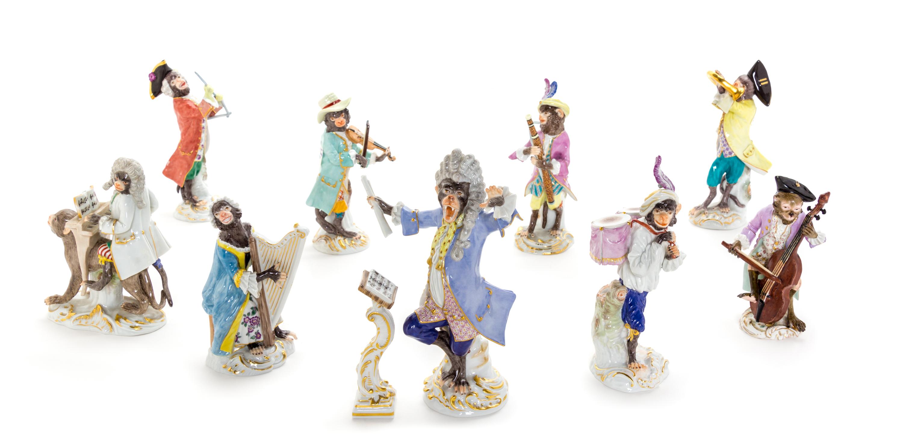 A Meissen Porcelain Ten-Piece Monkey Band Height of tallest 6 5/8 inches.
